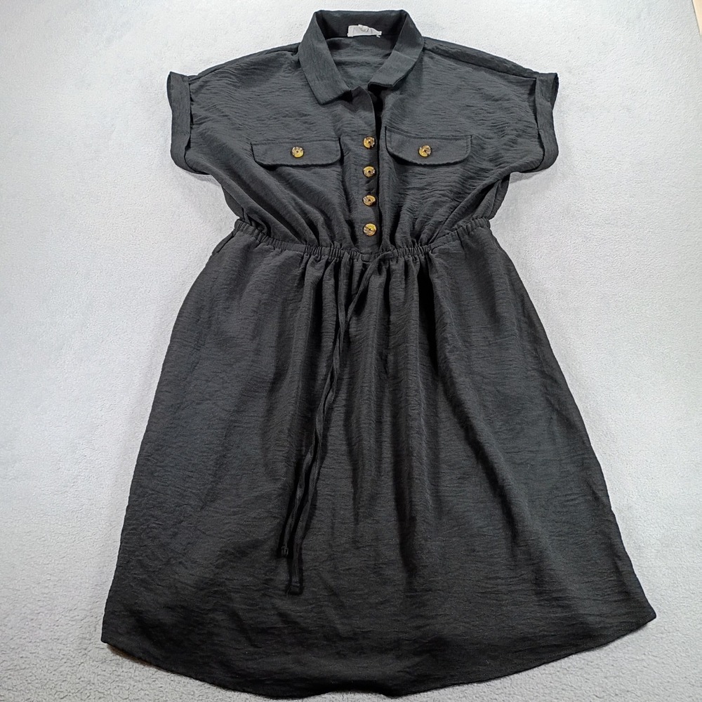 Lucky Brand Womens Shirt Dress Gray Medium Elastic Waist Button Up Pockets